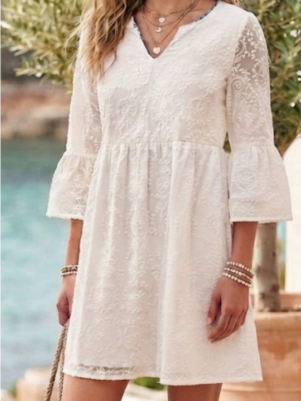 Kate & Sam White Embroidered Eyelet Bell Sleeve Shift Dress Sz S